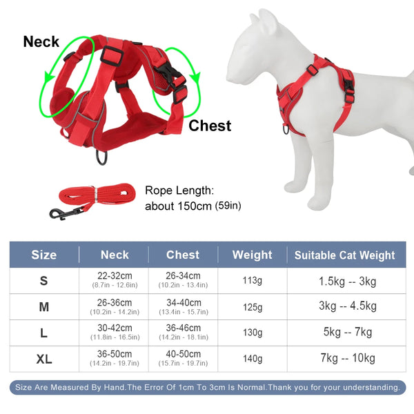 Red reflective dog harness and leash set with various sizes S to XL shown next to a white cat.