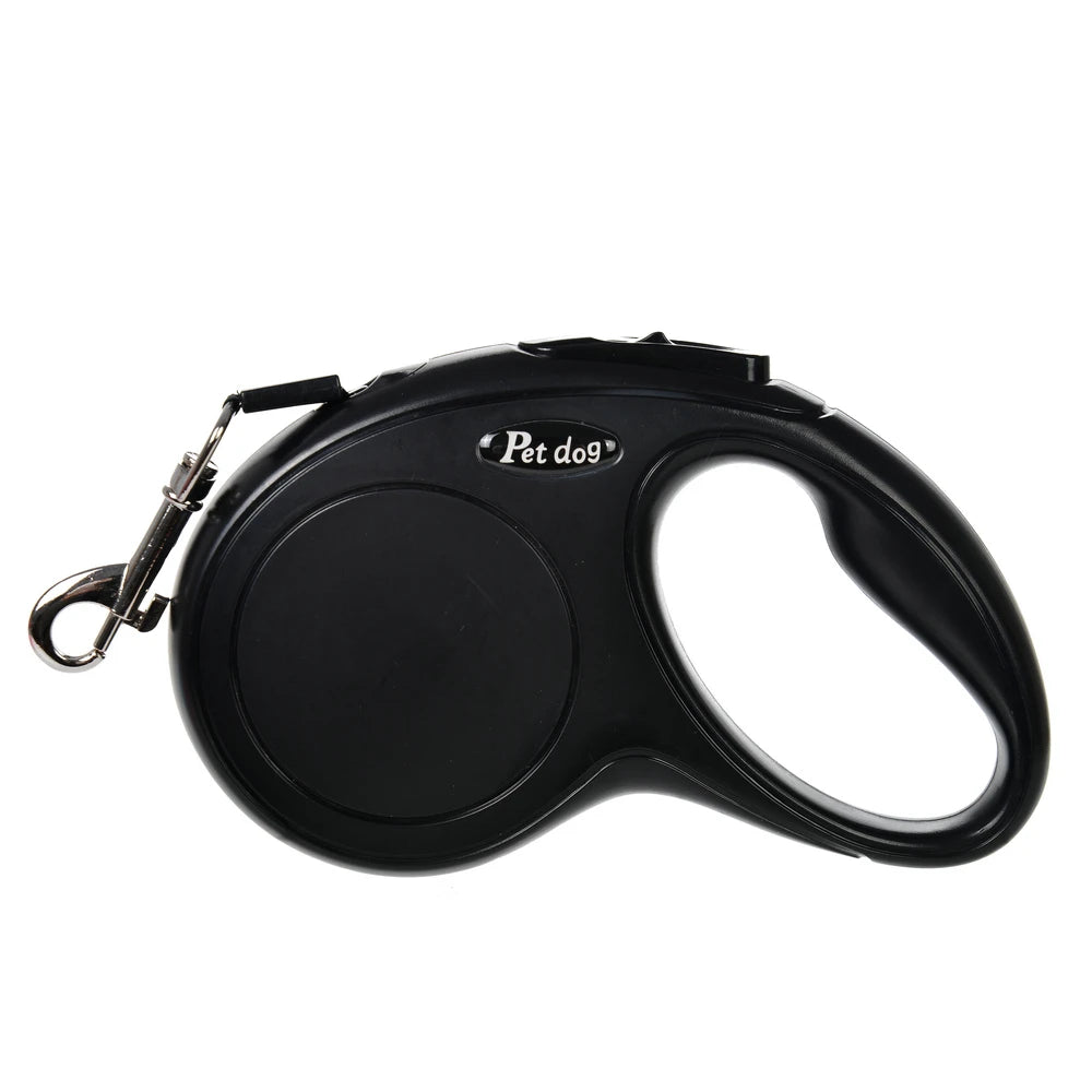 Black automatic retractable dog leash with a handle and clip.