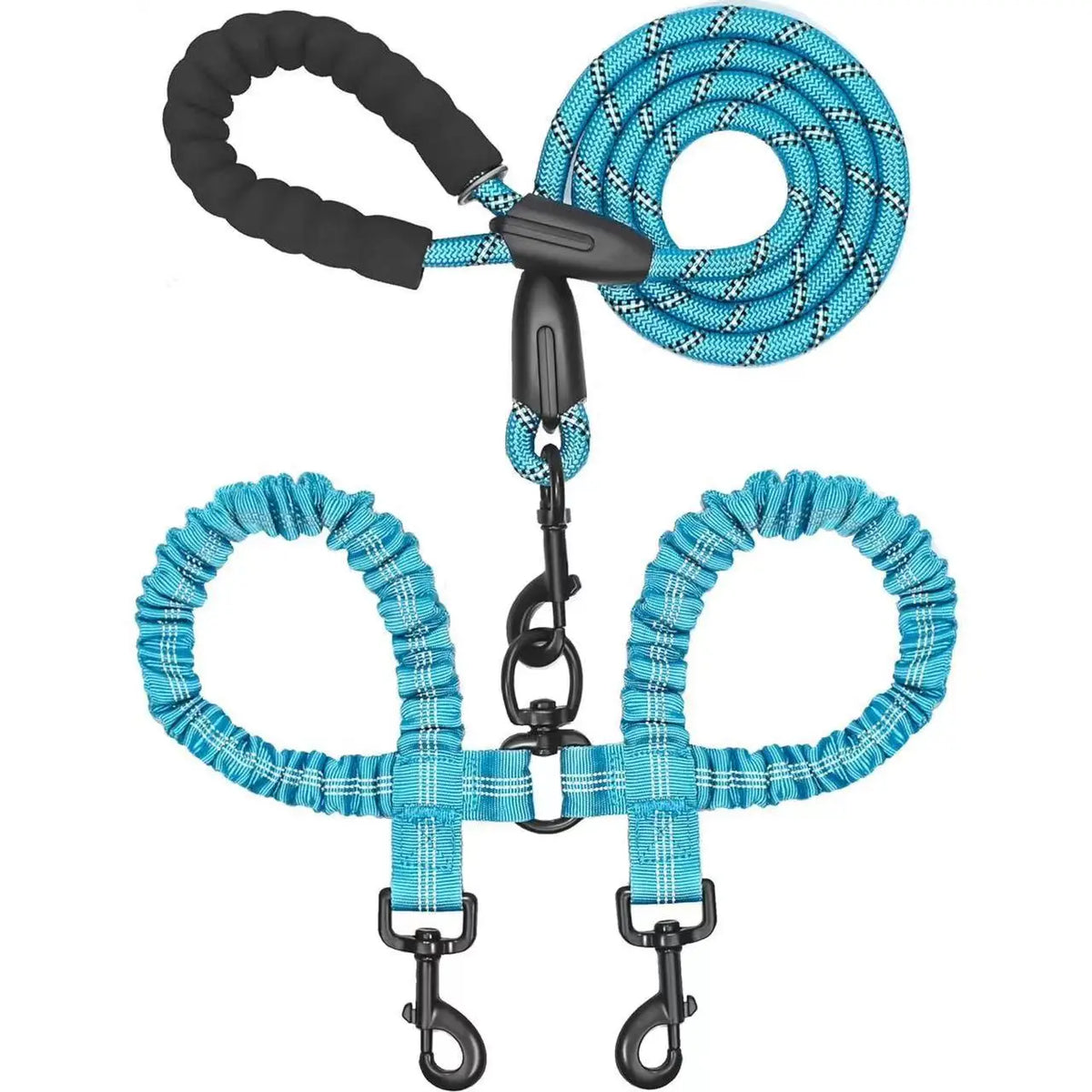 Blue double dog leash with shock absorbing bungee and black handle