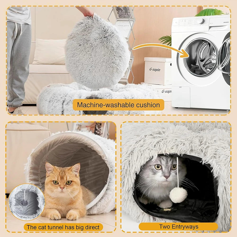 Fleece-Lined Cat Tunnel Bed with Removable Cover