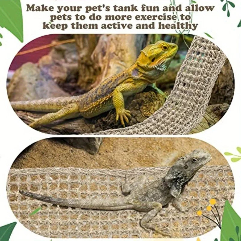 A yellow lizard is resting on a woven hammock in a naturalistic enclosure.