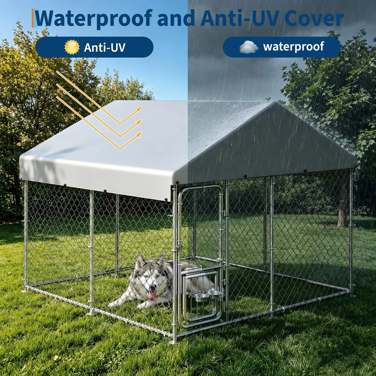 A silver metal dog kennel with a waterproof cover and feeding door is shown outdoors on green grass.