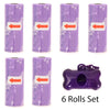 A set of six purple reusable pet poop bag dispensers with leash clips.