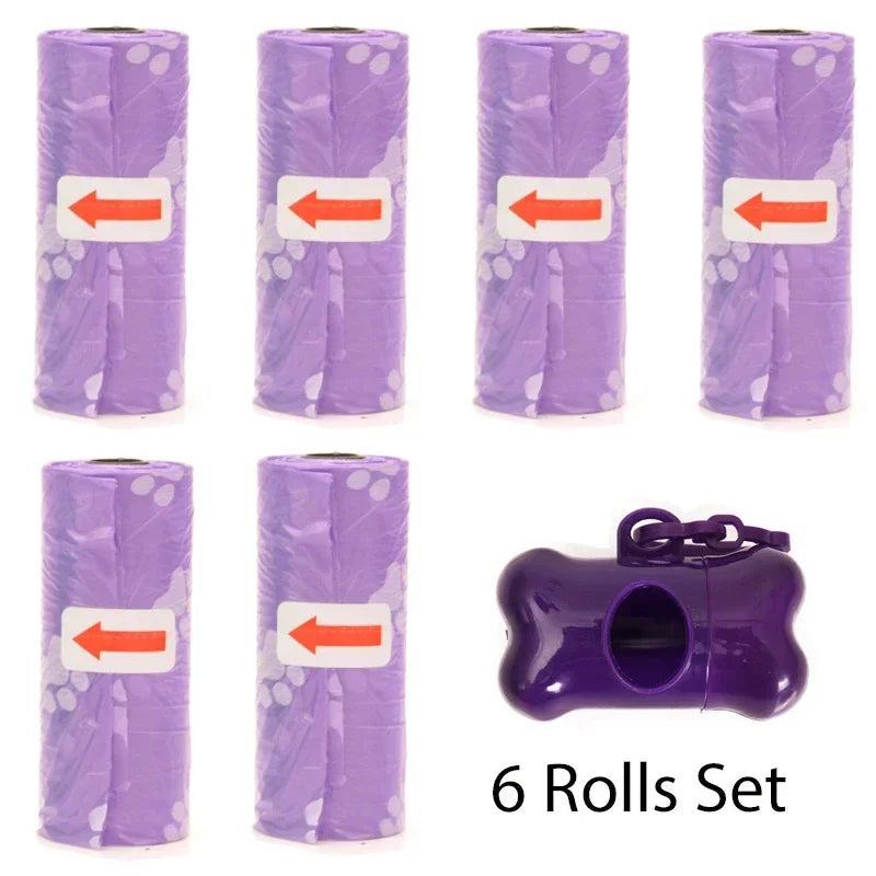 A set of six purple reusable pet poop bag dispensers with leash clips.