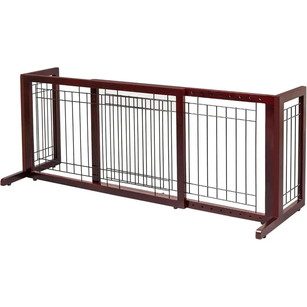 A dark brown wooden pet gate with vertical bars used for indoor use.