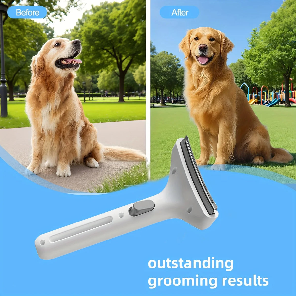 Before and after comparison showing a pet hair remover brush for dogs, demonstrating grooming results.