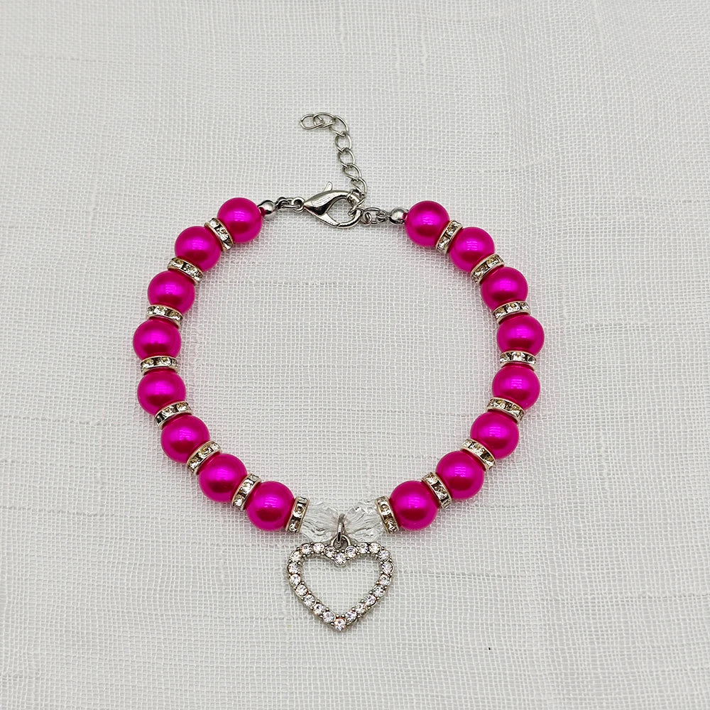 Pearl Pet Necklace with Heart-Shaped Rhinestone Pendant