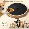 A rotating wooden treat puzzle toy for dogs with a slow feeder design shown next to a dog.