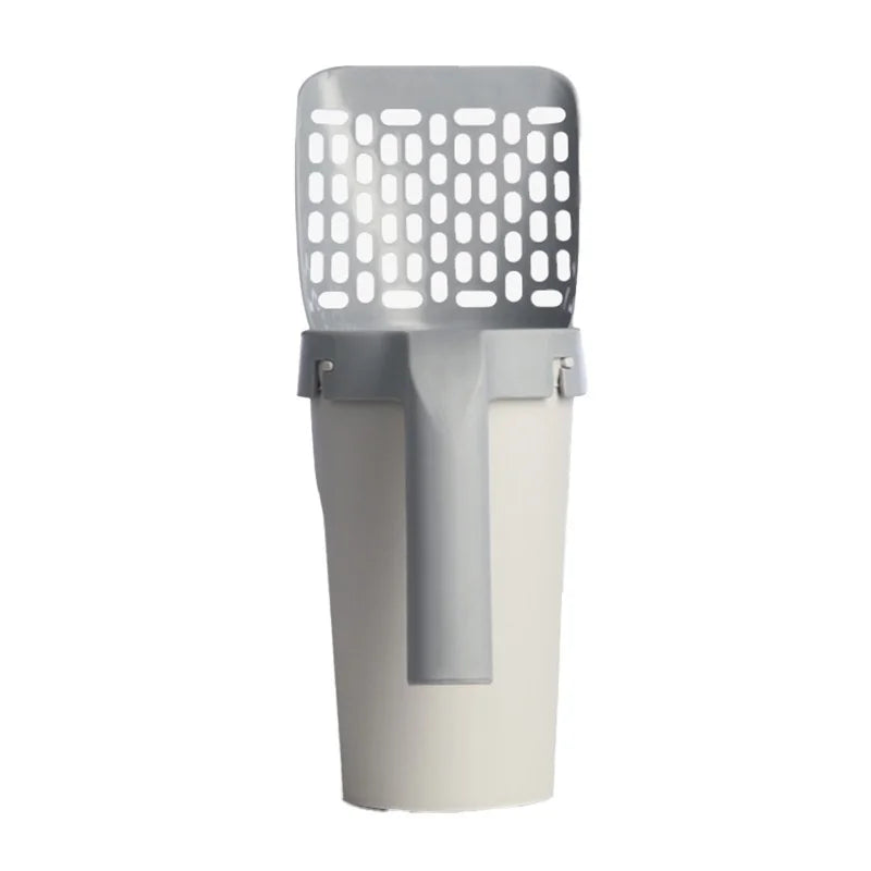A light gray self-cleaning cat litter scoop with a mesh filter and a solid base.