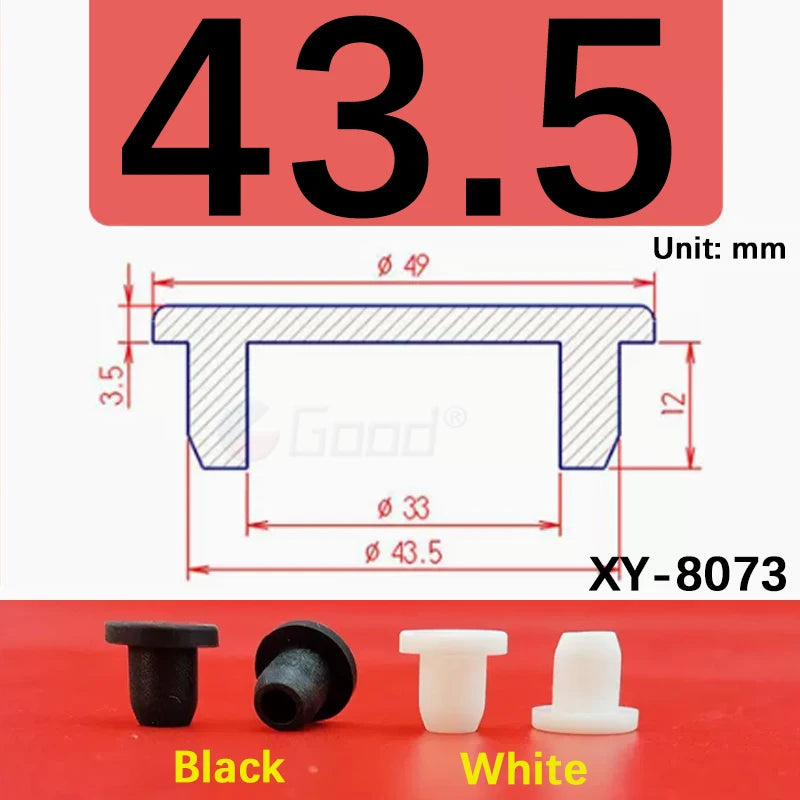 Black and white silicone rubber hole plugs shown with technical drawing and product variations