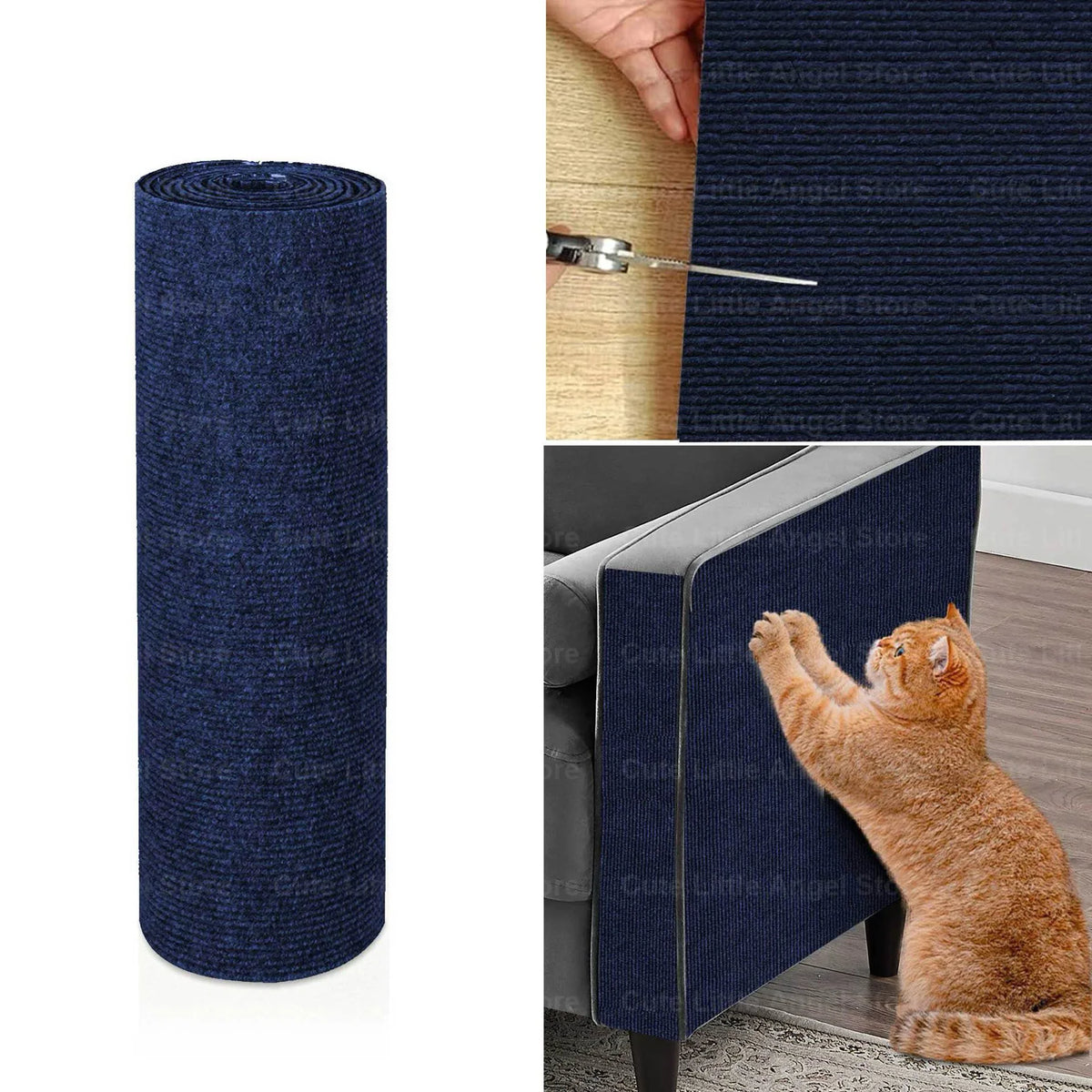 Un rouleau de tapis protecteur anti-rayures pour chats auto-adhésif en tissu bleu foncé.
