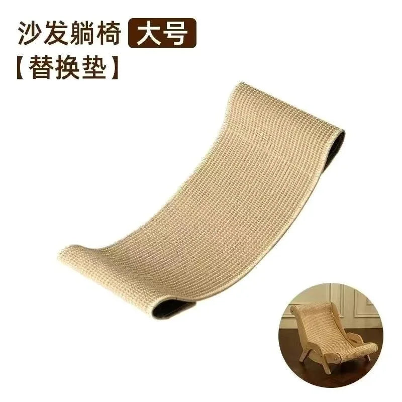 A beige wooden cat scratcher pad with a removable sleeping bed shown from above.
