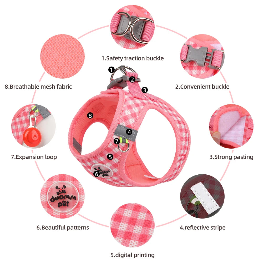 Pink plaid pet harness with safety buckles, expansion loops, and reflective stripes for small dogs and cats