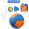 An inflatable dog training ball with an orange and blue color scheme, shown alongside accessories.