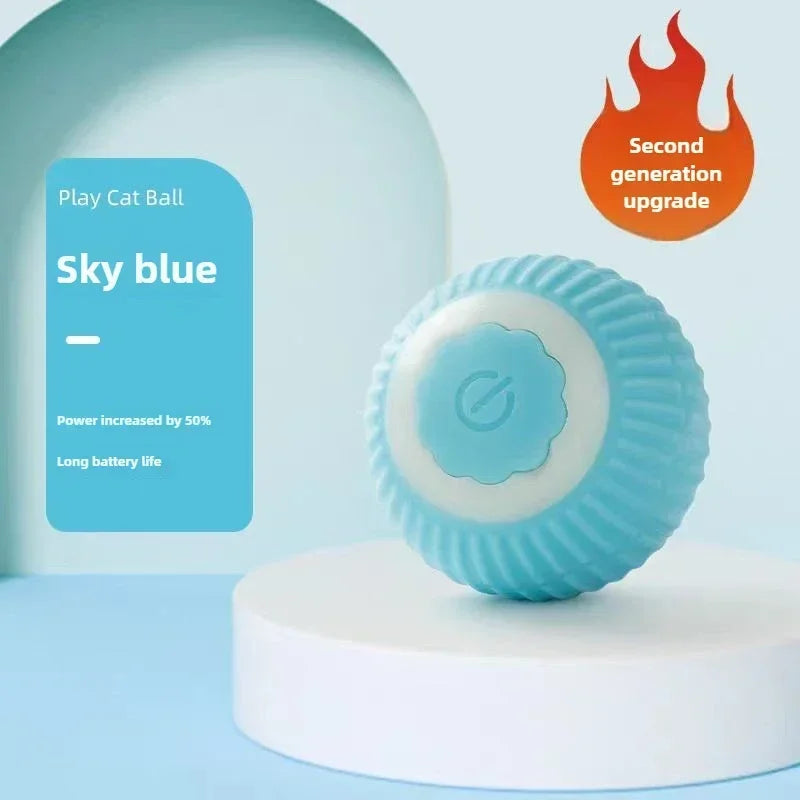 A light blue pet toy ball with a decorative pattern is displayed on a white stand.