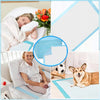 Disposable adult and pet pads shown in use on a bed, with close-ups of the pads and an elderly person and a dog.
