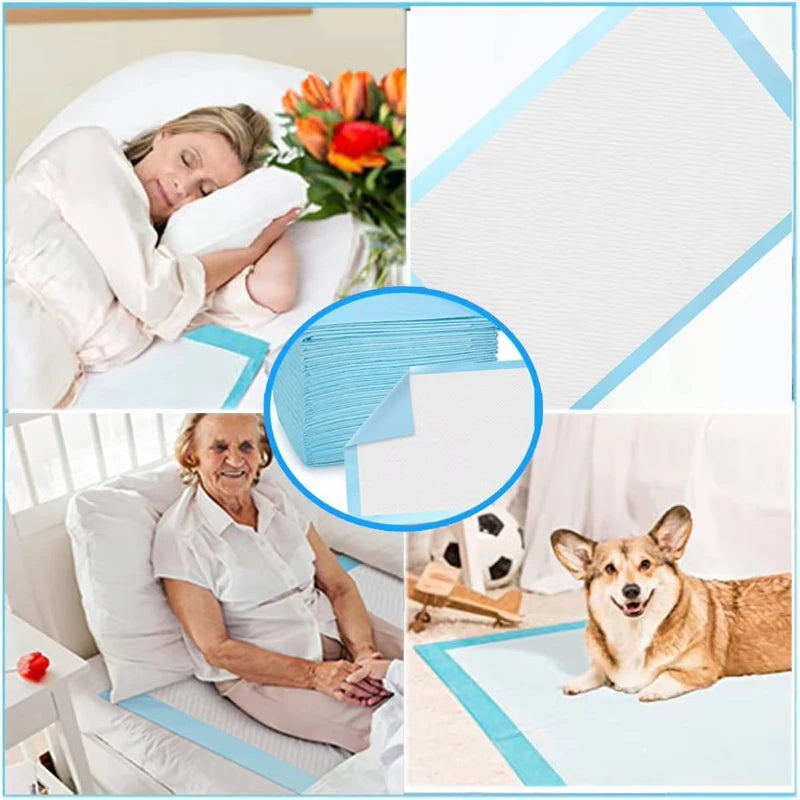 Disposable adult and pet pads shown in use on a bed, with close-ups of the pads and an elderly person and a dog.
