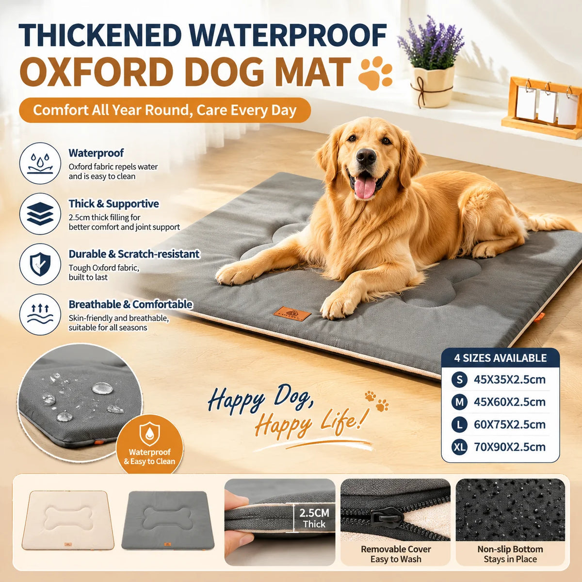 1680D Oxford Waterproof Dog Bed Mat with Sponge Cushion