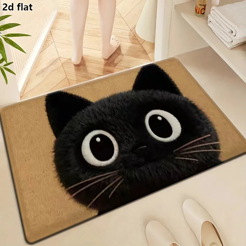 A cute black cat design bathroom mat featuring large white eyes and whiskers placed on a light surface.
