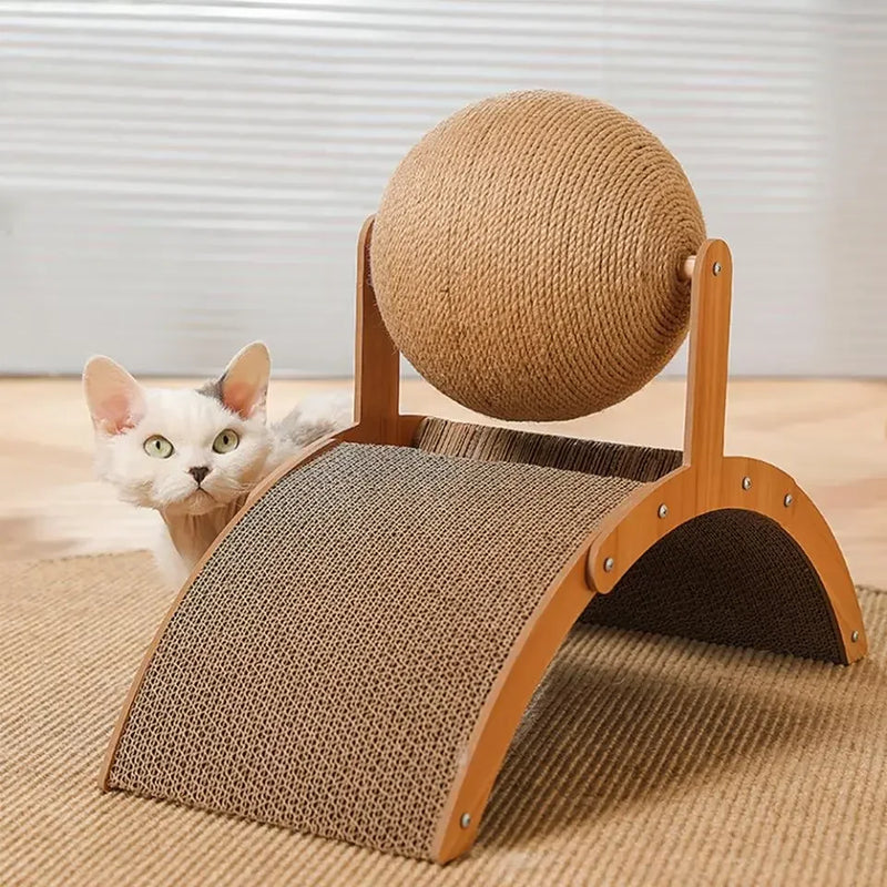 Balle à griffer 2-en-1 pour chat avec support en bois