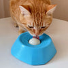 Un gato naranja lame una pelota blanca dentro de un cuenco para perros interactivo y de alimentación lenta azul.