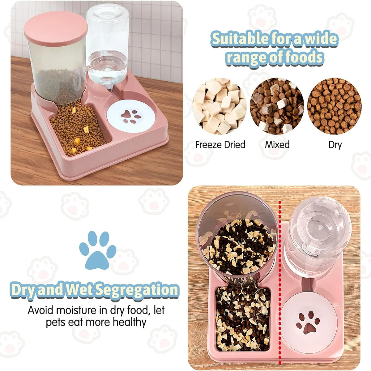 Distributeur automatique de nourriture et d'eau pour animaux, avec compartiments pour croquettes, nourriture mixte et sèche.