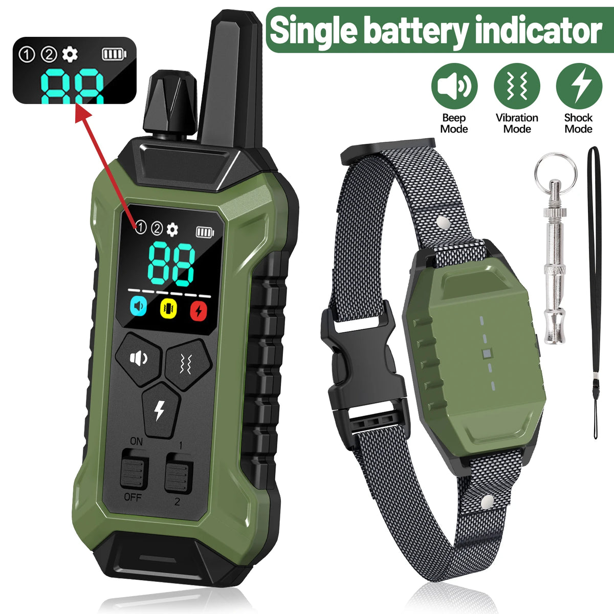 A green single battery indicator device and a matching green dog training collar with various modes.