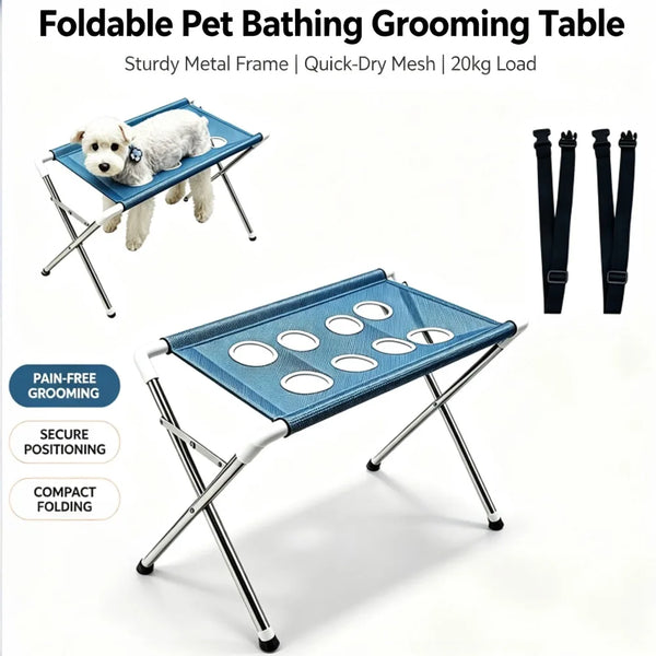 A foldable pet bathing grooming table with a blue mesh hammock and metal frame, shown with a small dog resting on it.