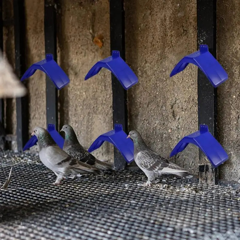 Un juego de soportes para palomas y palomas de plástico con agarres azules, mostrados contra una pared de hormigón.