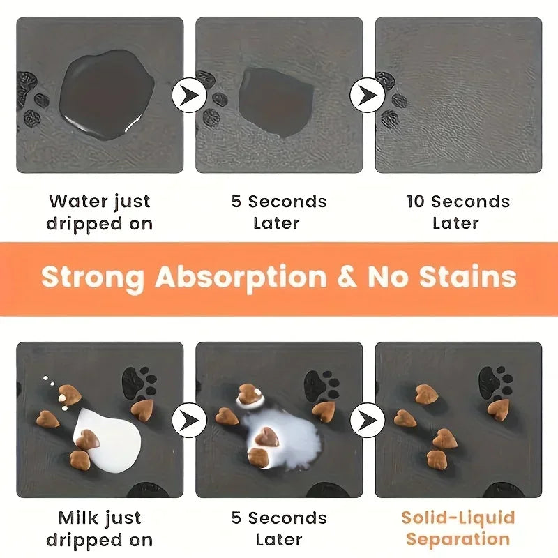 Demonstration of a pet feeding mat's strong absorption and ability to prevent stains when liquid is dropped on it.