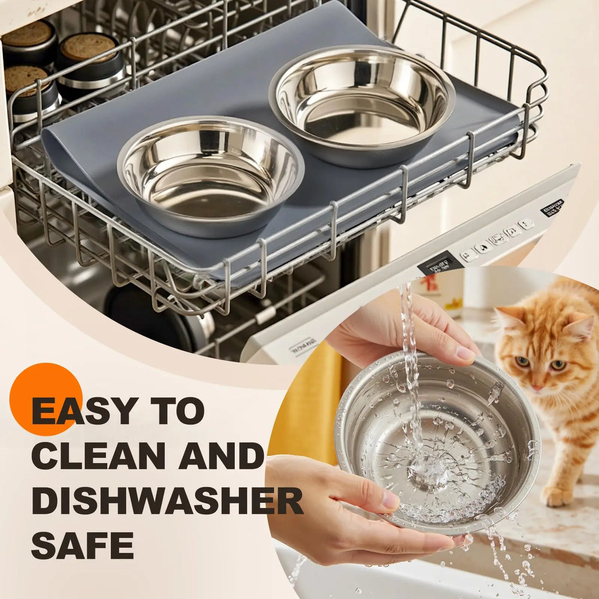 Stainless steel elevated cat bowls with food mat placed in a dishwasher rack.