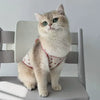 A fluffy gray cat wearing a pink cherry print pet tank top sitting on a light gray chair.