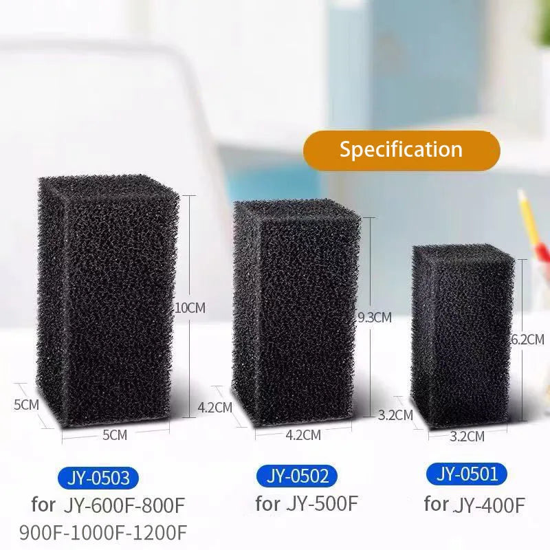 Three black high-density bio sponge filter media blocks shown with dimensions for different model numbers.