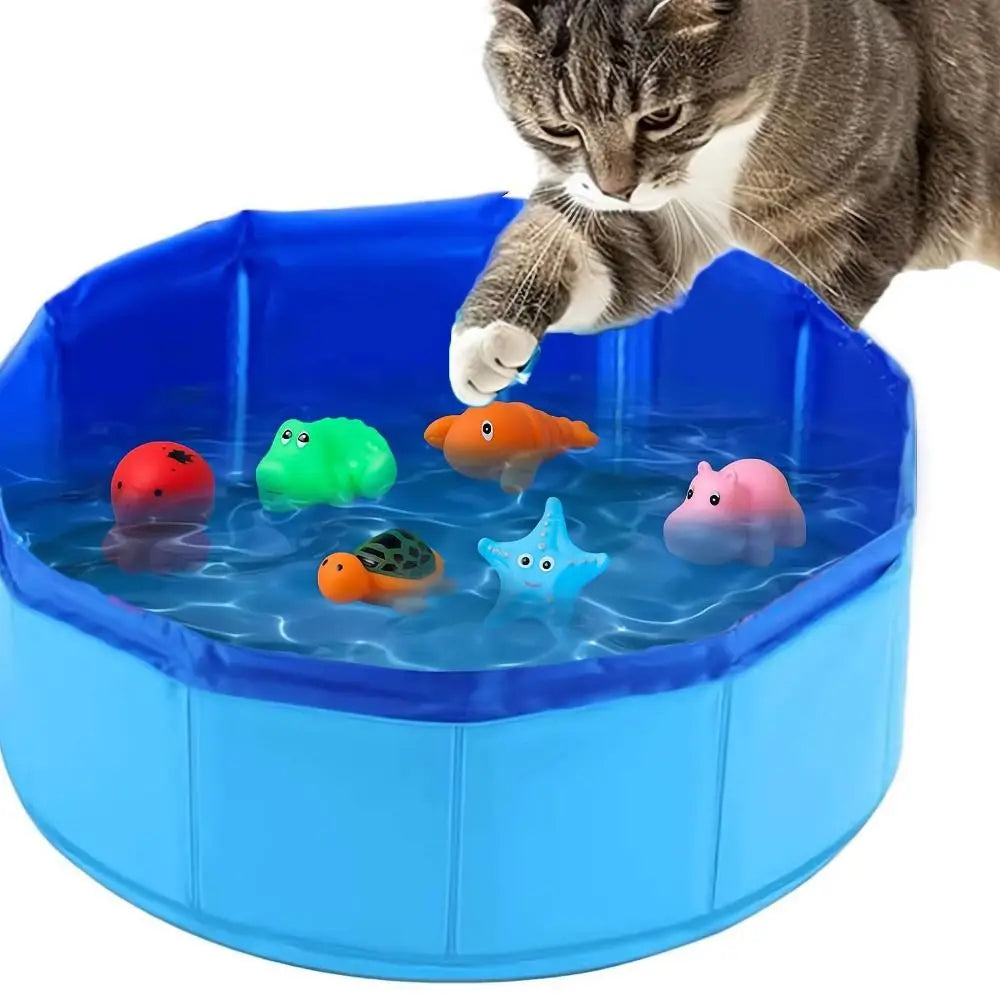 A tabby cat is dipping its paw into a blue pet bath with sea life shaped toys.
