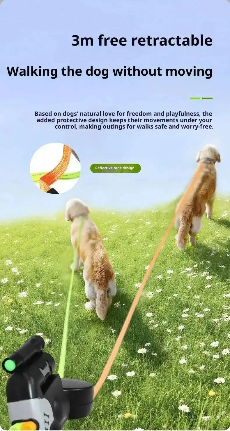 A dog is walking on a green field using a 3m retractable leash with a reflective rope design and an LED flashlight.