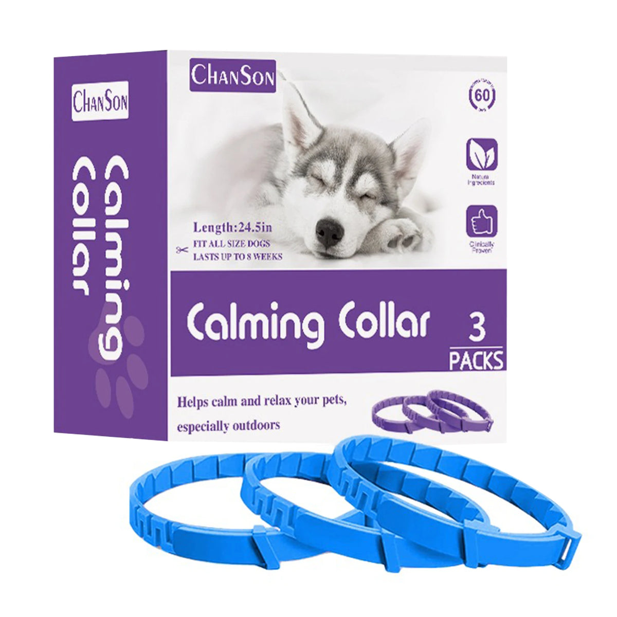 Three purple calming pheromone collars for dogs shown next to their packaging box.