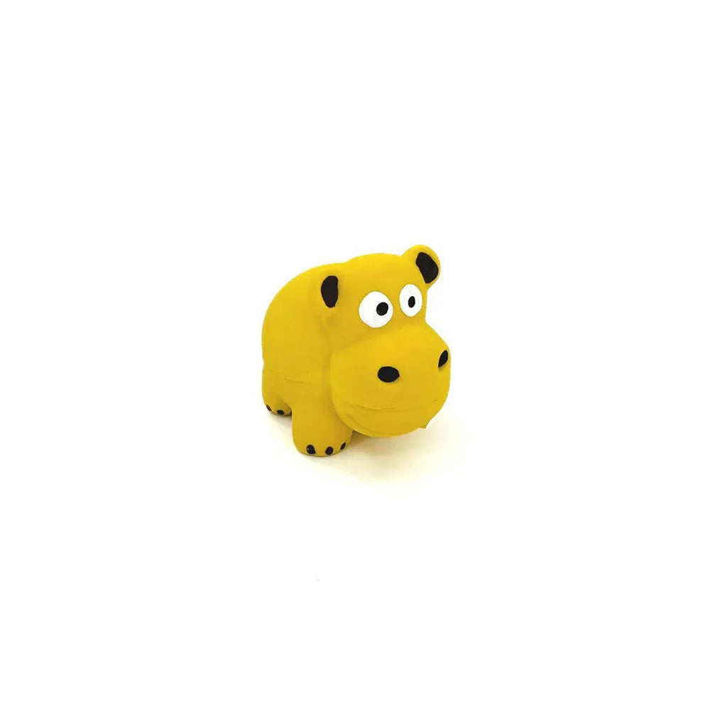 A yellow squeaky chew toy shaped like a dog's head.