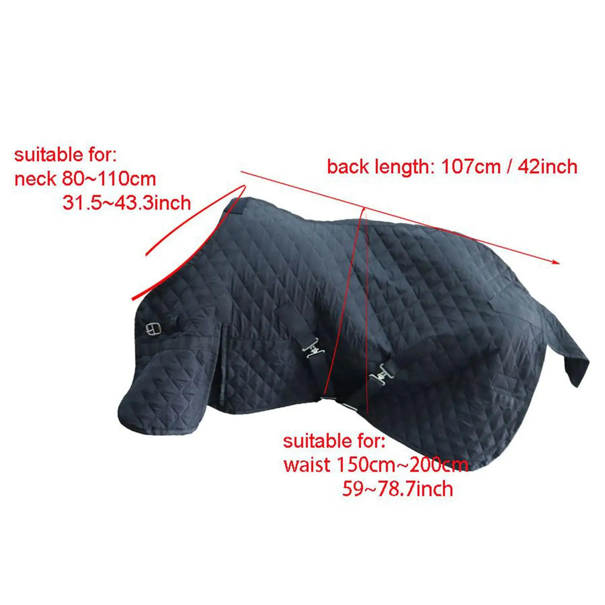 A dark gray quilted horse travel blanket shown flat, with dimensions for neck and waist provided.