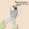 A silver round hole fixed nail clipper is shown with a safety guard and green plastic handles.