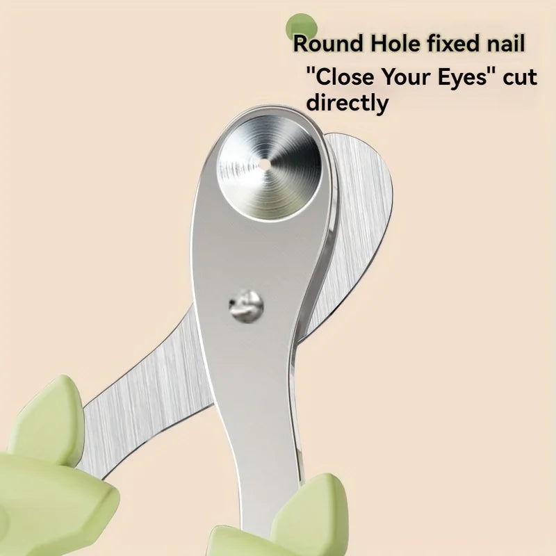 A silver round hole fixed nail clipper is shown with a safety guard and green plastic handles.