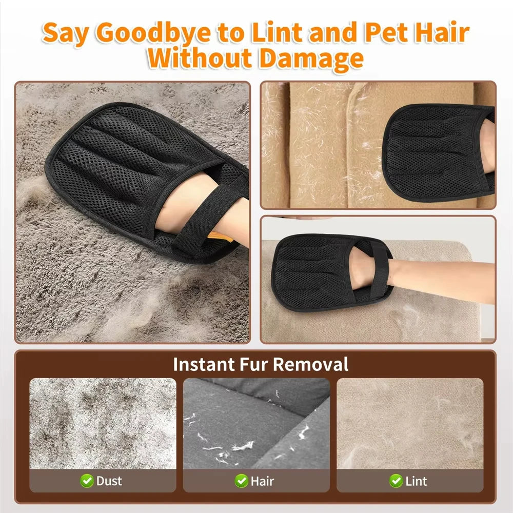 Black reusable pet grooming gloves designed to remove lint and pet hair without causing damage