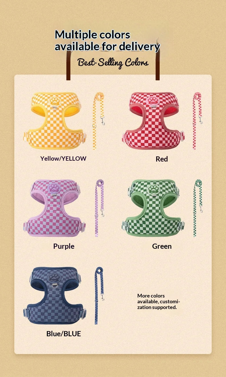Checkered Nylon Dog Harness for Small Dogs with Leash