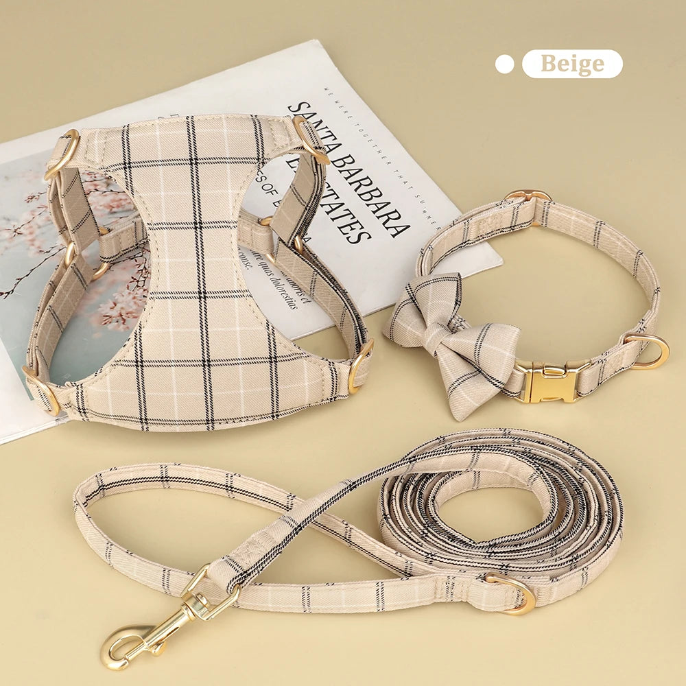 Classic Plaid Dog Collar, Harness & Leash Set with Bowtie