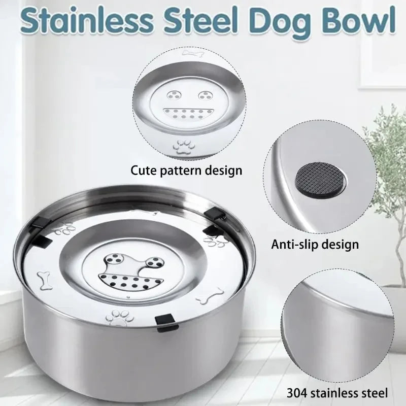 A stainless steel dog bowl with a cute pattern design and anti-slip features.