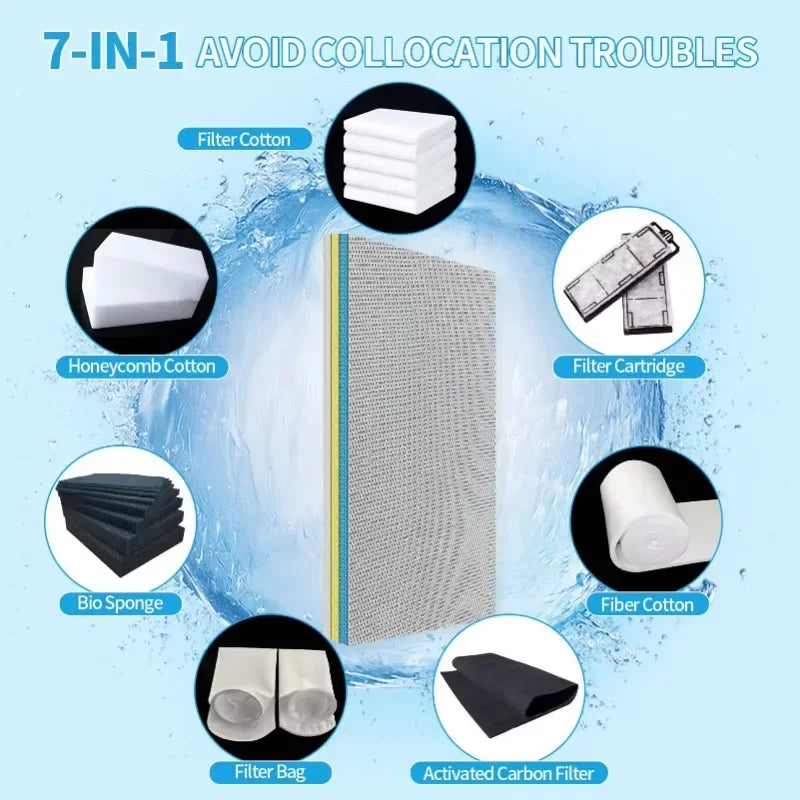 A collection of 7 different filter media including cotton, sponge, and activated carbon filters shown around a central filter