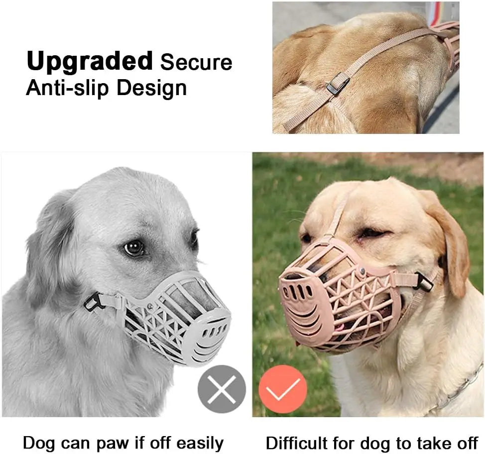 An upgraded secure anti-slip dog muzzle shown on a light-colored dog, demonstrating its fit and ease of use.