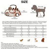 Diagram showing the dimensions and measurements of a portable pet carrier sling bag for various dog sizes.