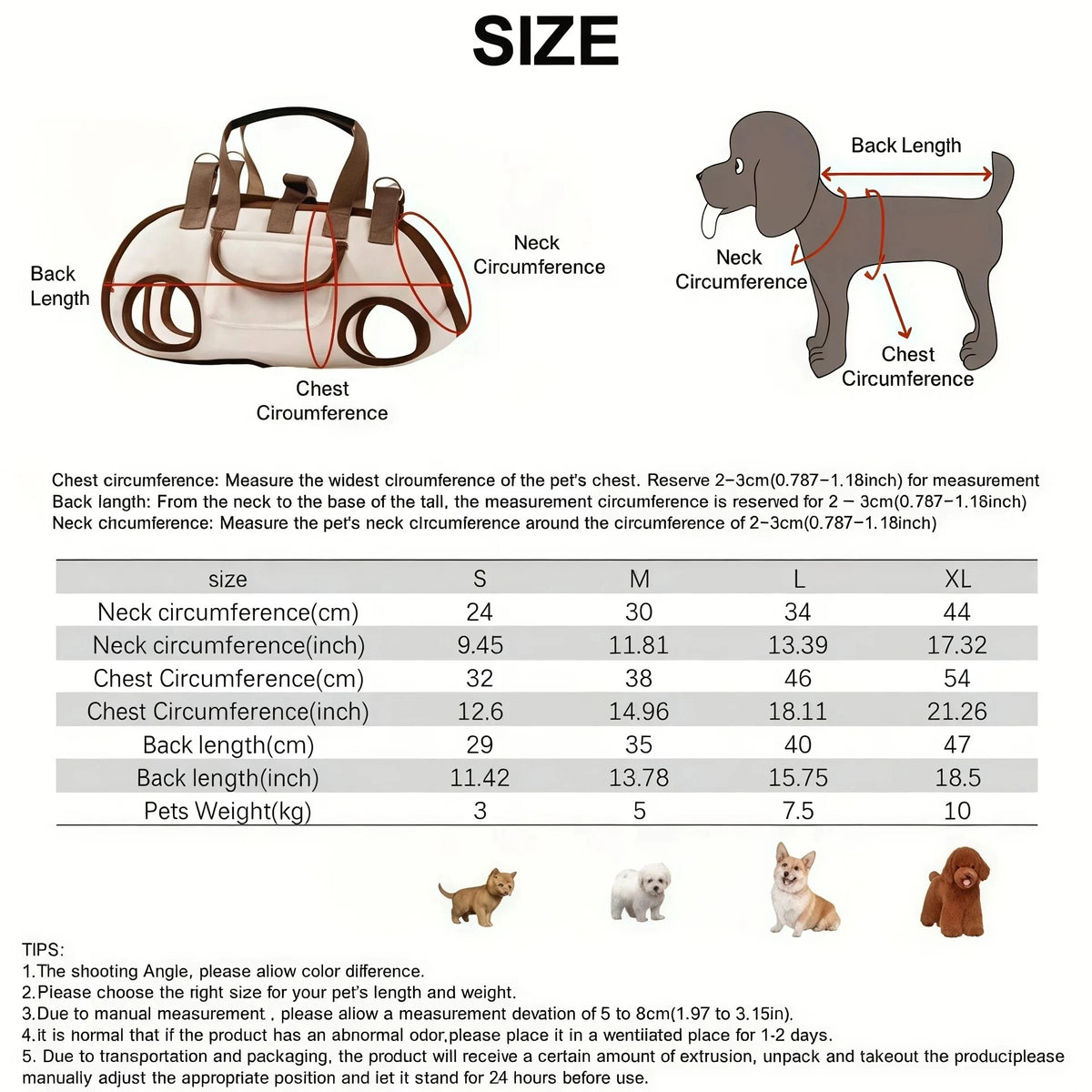Diagram showing the dimensions and measurements of a portable pet carrier sling bag for various dog sizes.