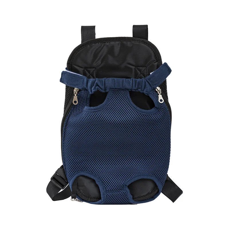 A navy blue outdoor camouflage dog carrier backpack with black lining and mesh panels.