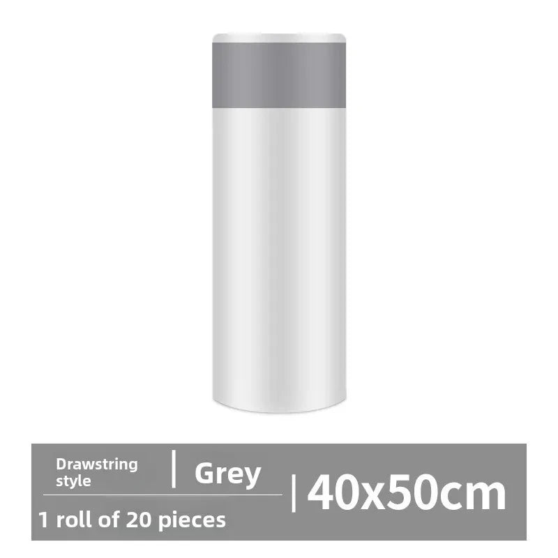 A cylindrical grey drawstring trash bag with a handle, shown against a white background.